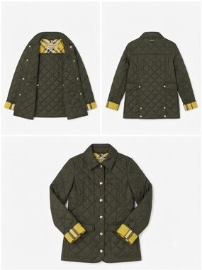 Burberry Olive Quilted Jacket with Yellow Plaid Lining